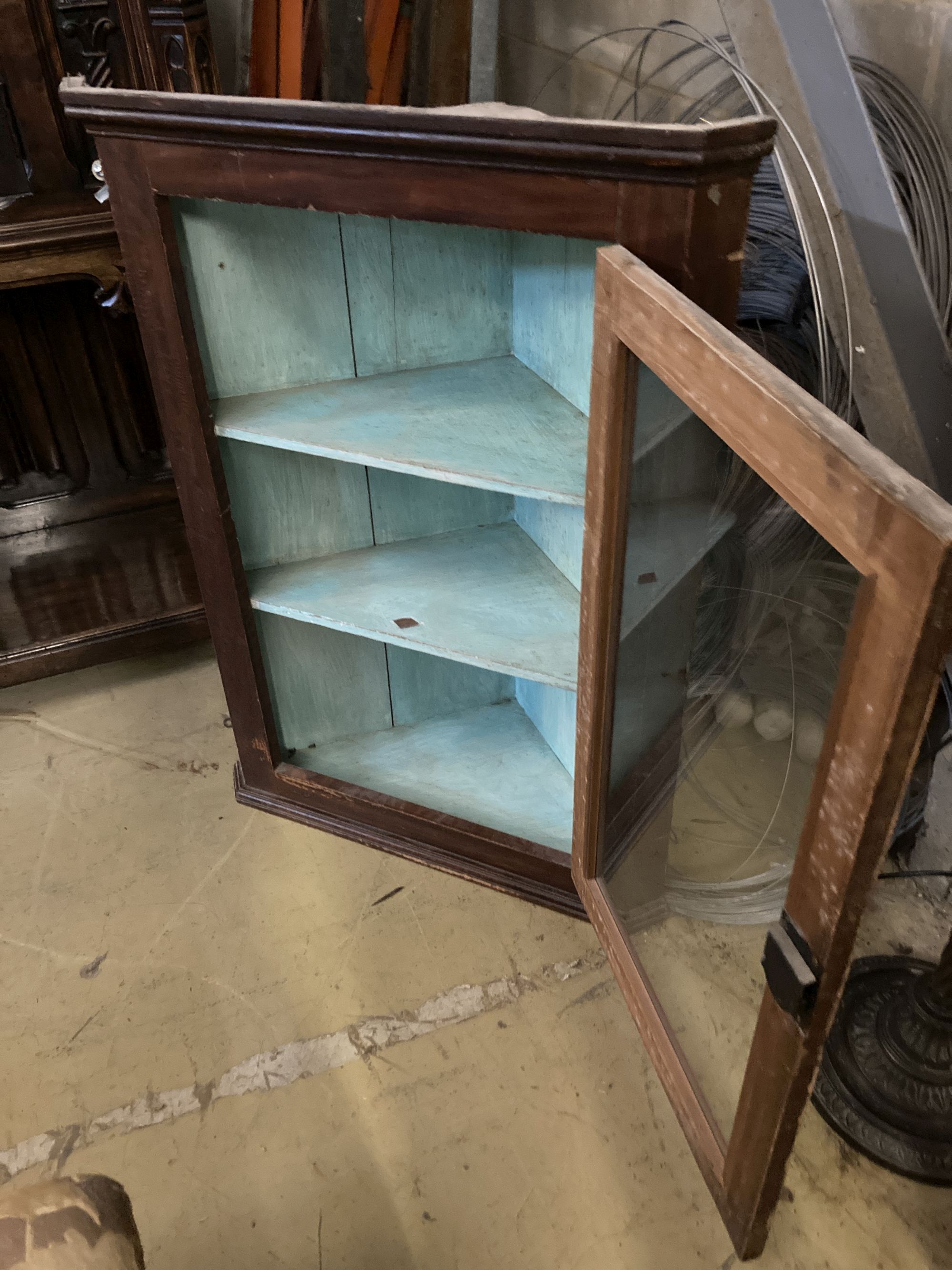 A 19th century pine hanging corner cabinet, width 69cm, depth 36cm, height 95cm